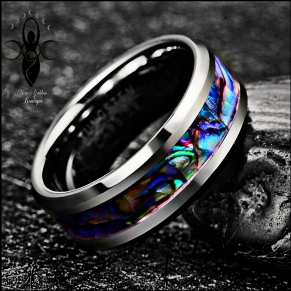 Unisex Ring ✦ Stainless Steel ✦ Natural Abalone Shell Channel ✦ 8mm Silver Band - Picture 1 of 9